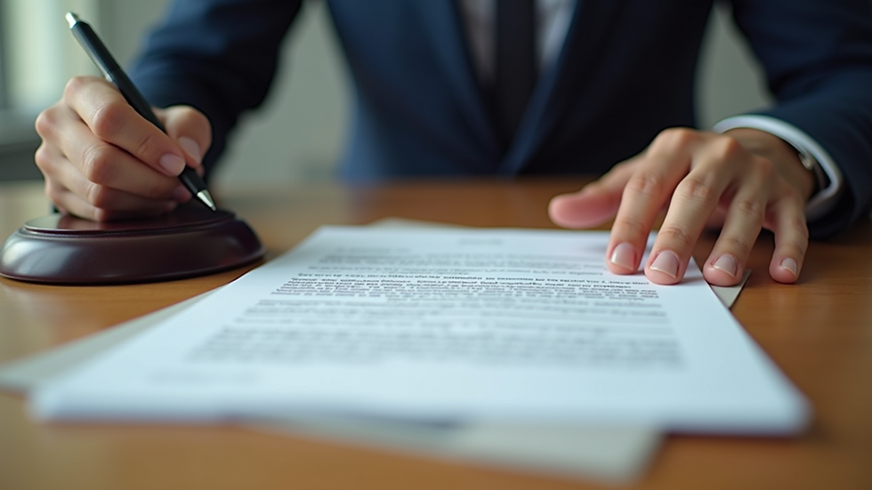 Eye-level view of a legal contract on a wooden desk