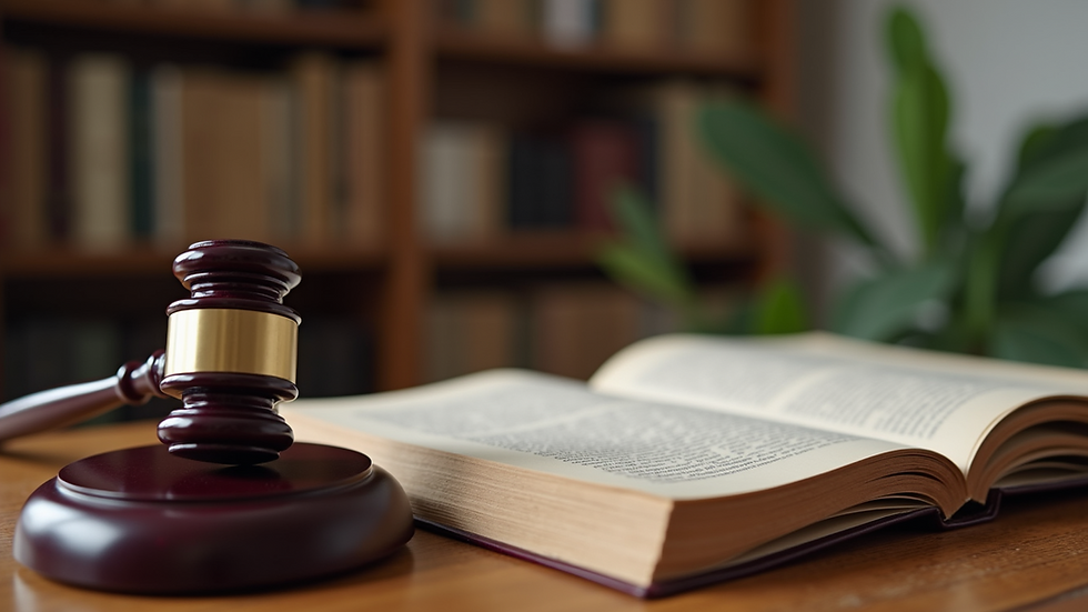Close-up of legal books and a gavel on a wooden table