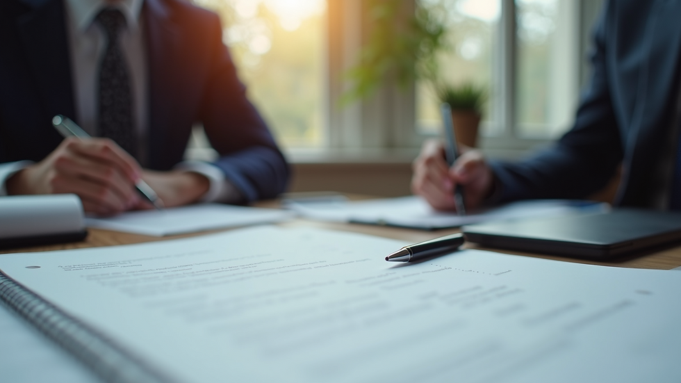 Eye-level view of a lawyer's desk with legal documents and a pen
