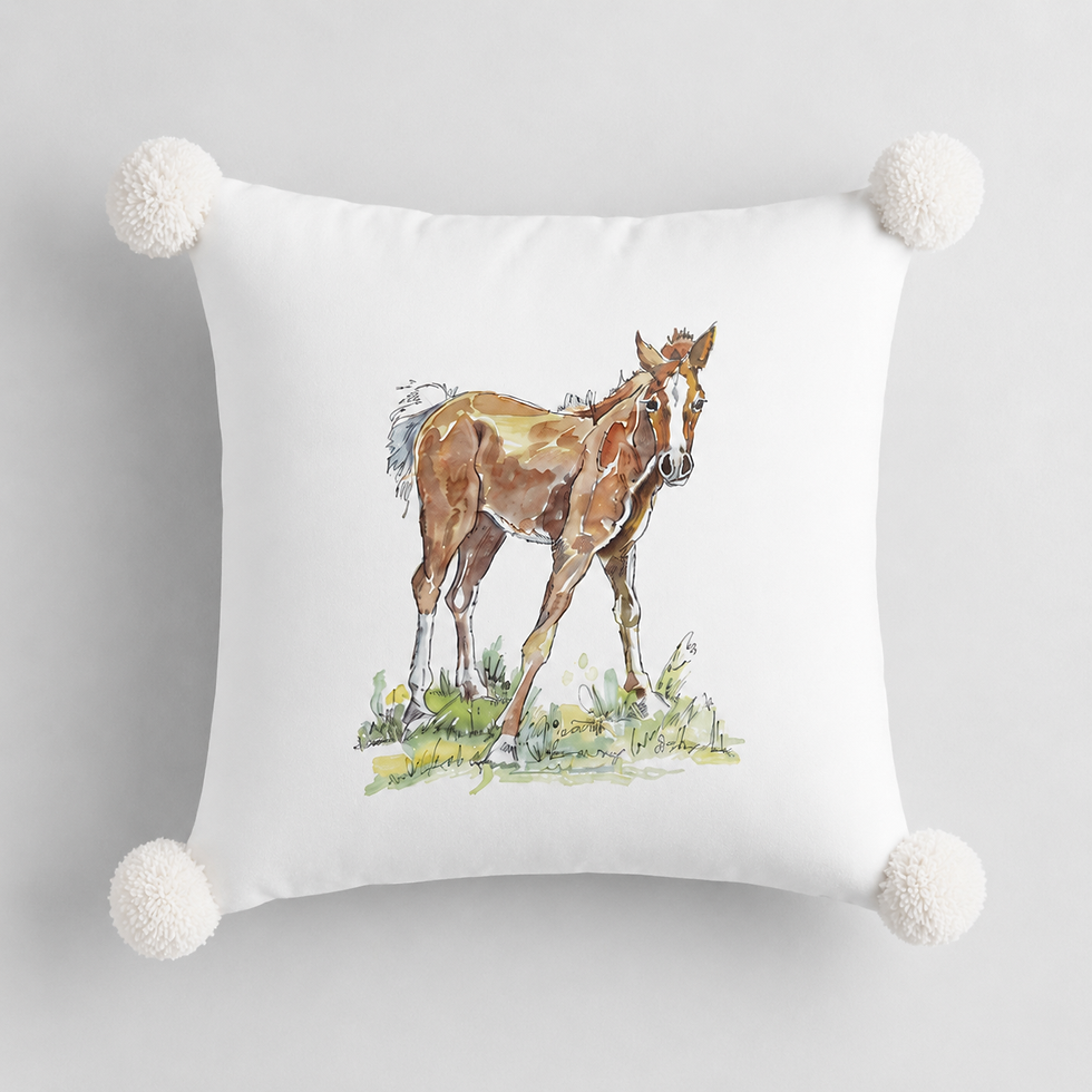 Thumbnail: Lanky foal equestrian cushion watercolour horse artwork