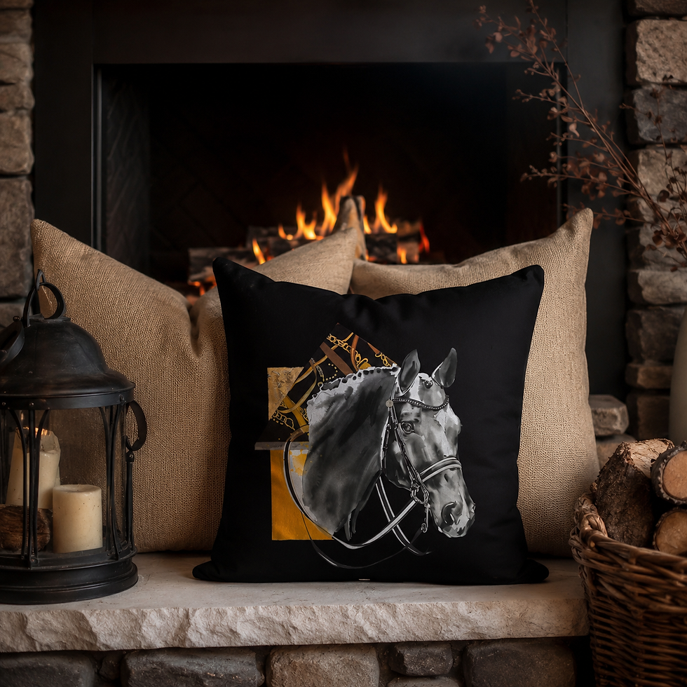 Cheval de Dressage black horse cushion styled on beautiful rustic scene lounge in front of a fireplace in elegant interior