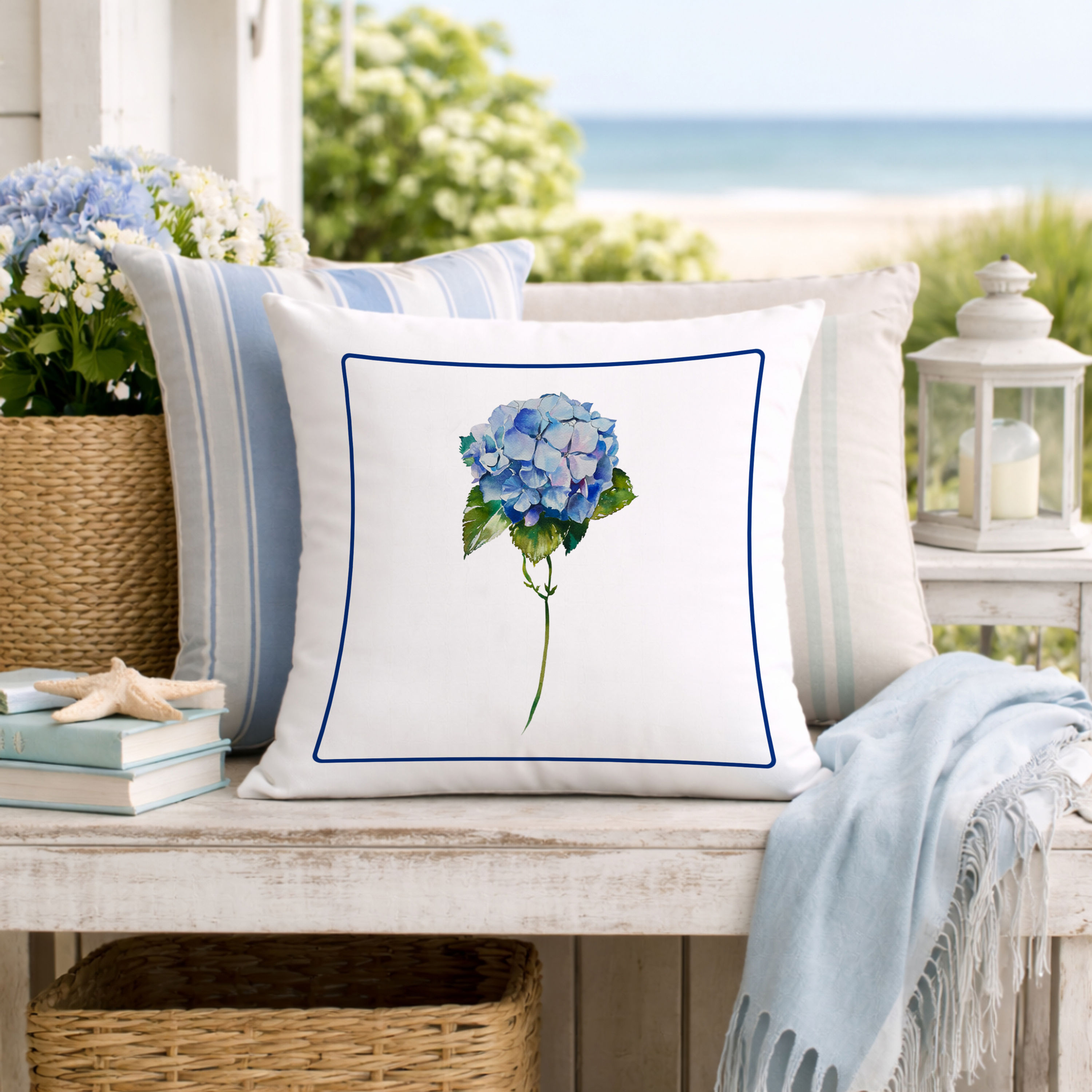 Blue hydrangea cushion on bench coastal Hamptons style floral cushion