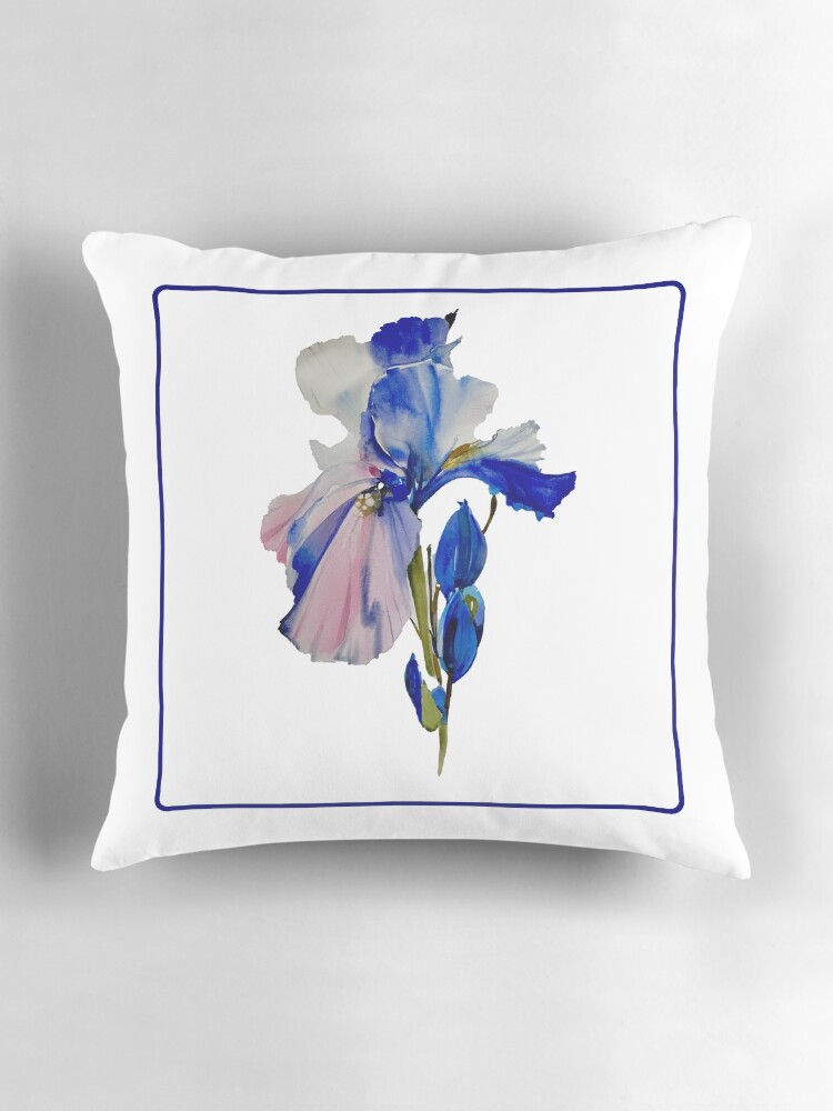blue iris cushion soft watercolour floral by Belinda Baynes