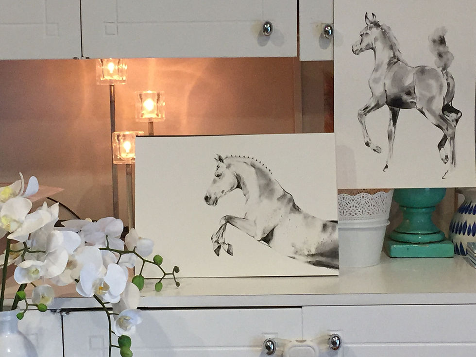 Assorted black ink watercolour horse art paintings and equestrian and fashionable horse lover gifts at Pony and Belle, Sydney