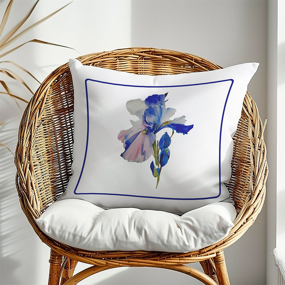 blue iris cushion on wicker chair coastal style floral cushion