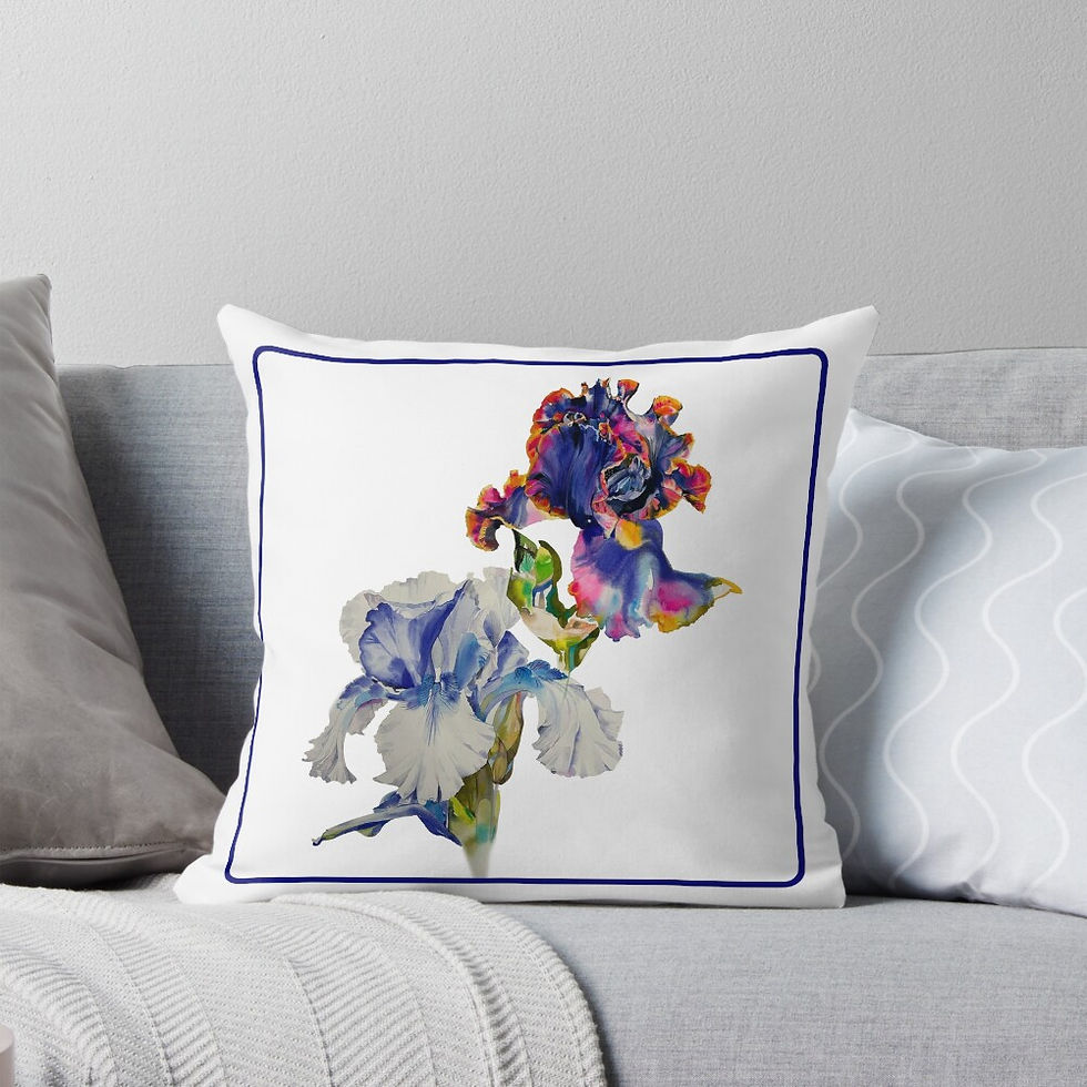 Floral iris cushion on sofa blue and white Hamptons style