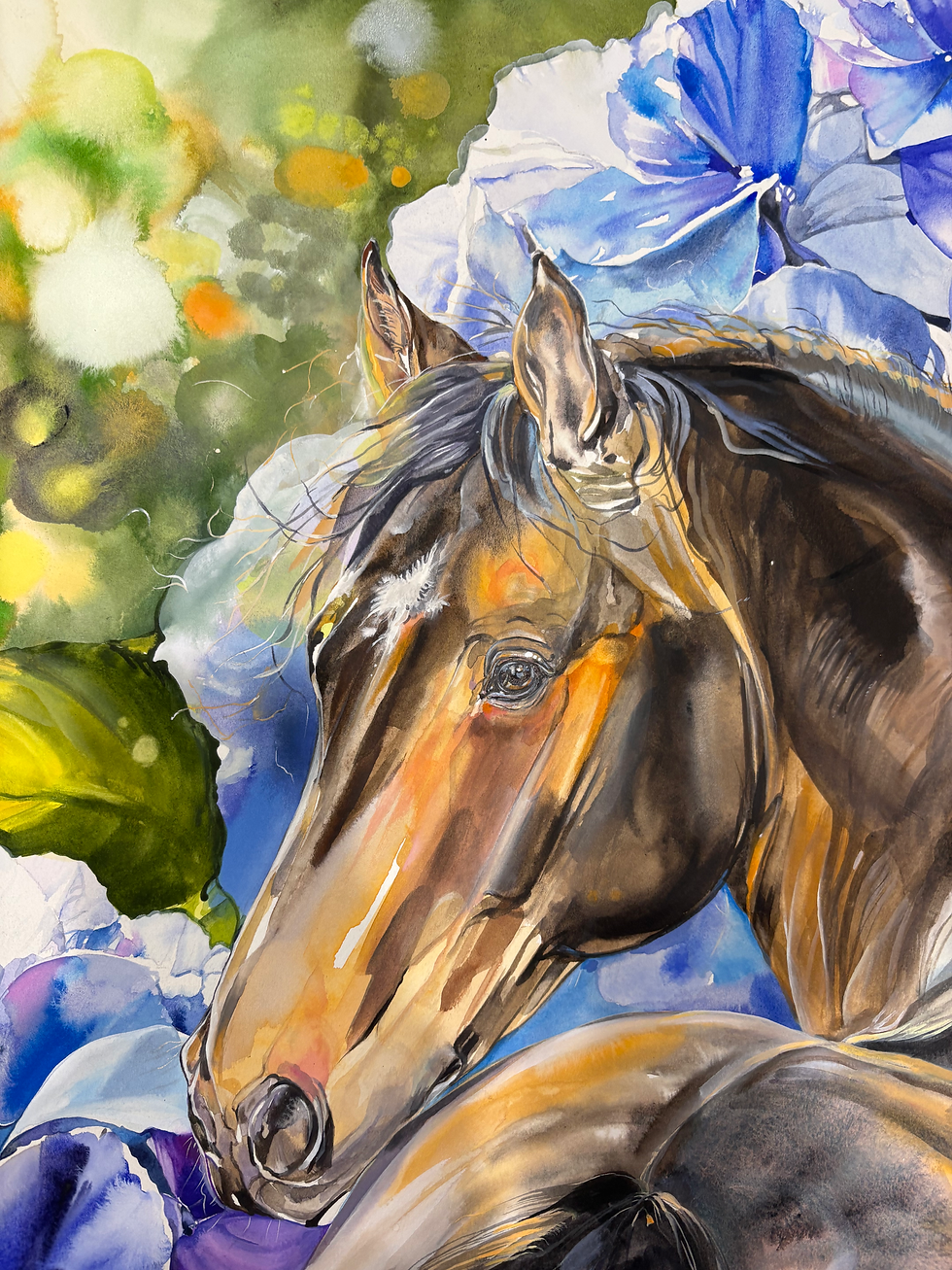 Detail of golden horse in original watercolour by Belinda Baynes