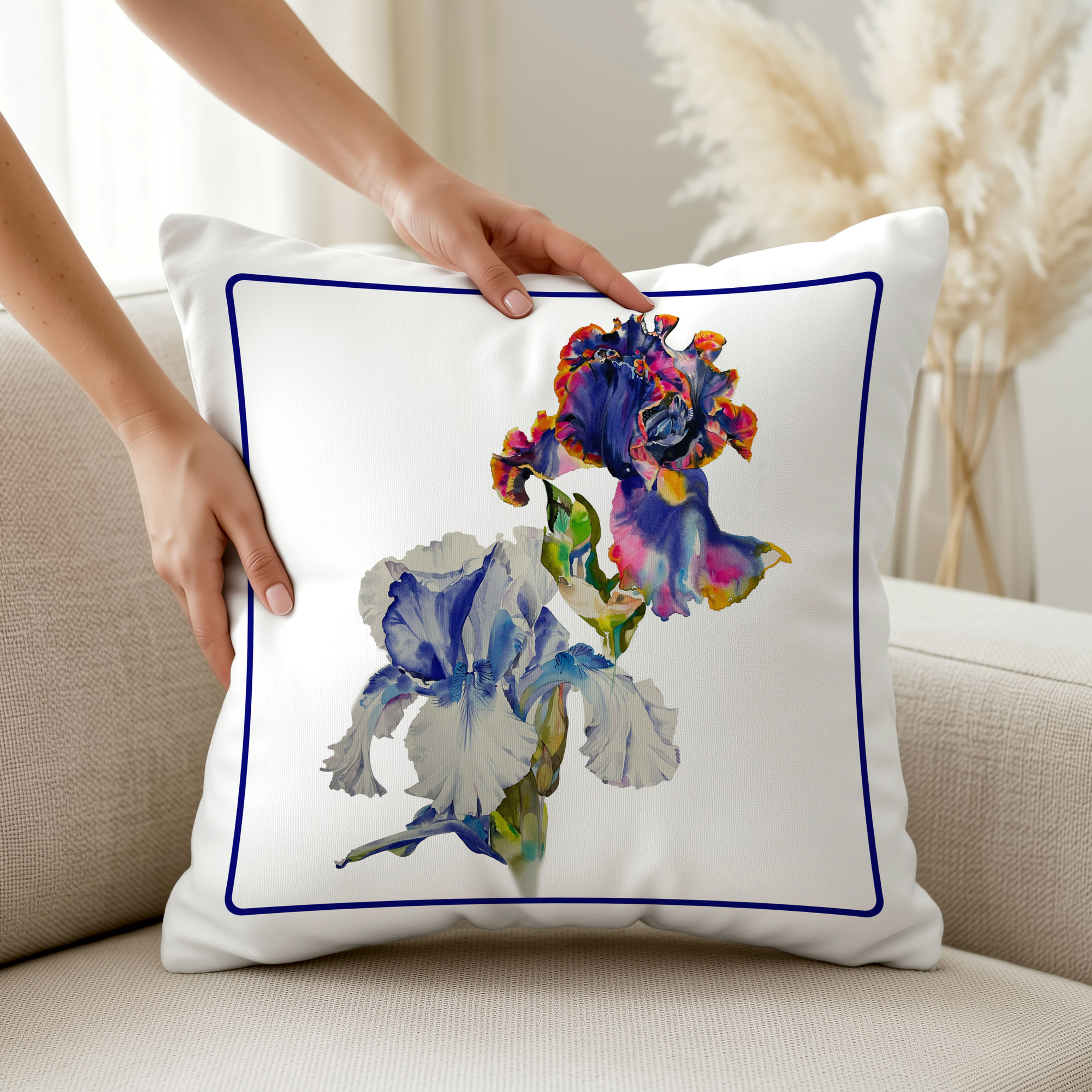 Hamptons iris cushion styled floral art cushion blue trim