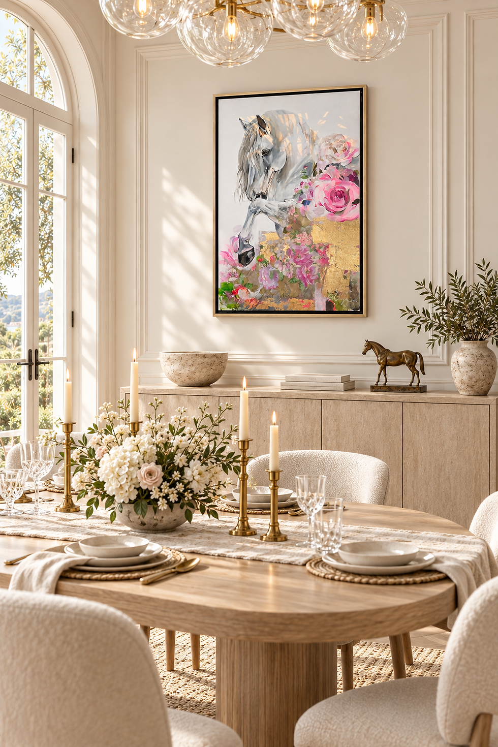 *In Another Life* displayed in a champagne-gold floating frame above a pale timber sideboard in a luxurious, sunlit Hamptons-
