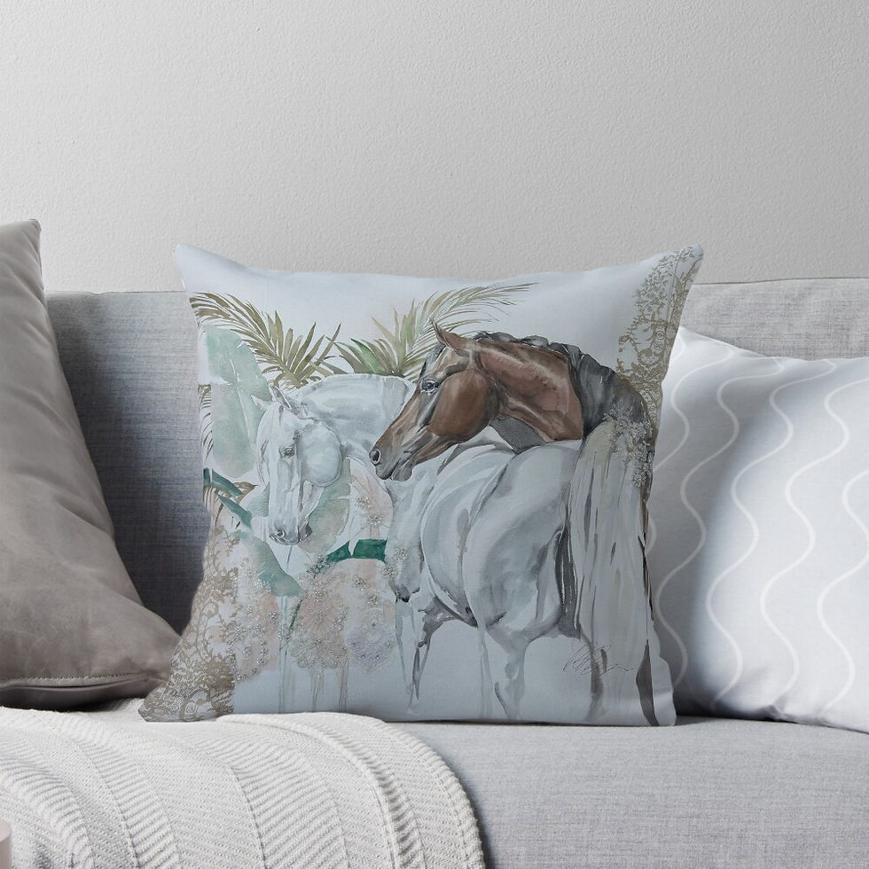 Equestrian cushion featuring two horses in calm watercolour design