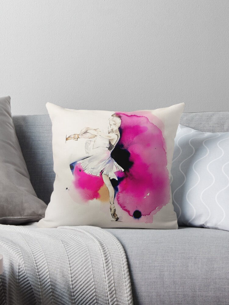 Ballet art cushion on couch pink dancer watercolour design