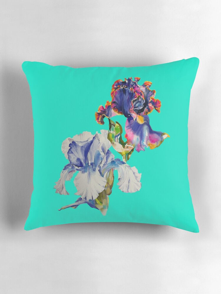 Vibrant turquoise floral cushion with iris artwork