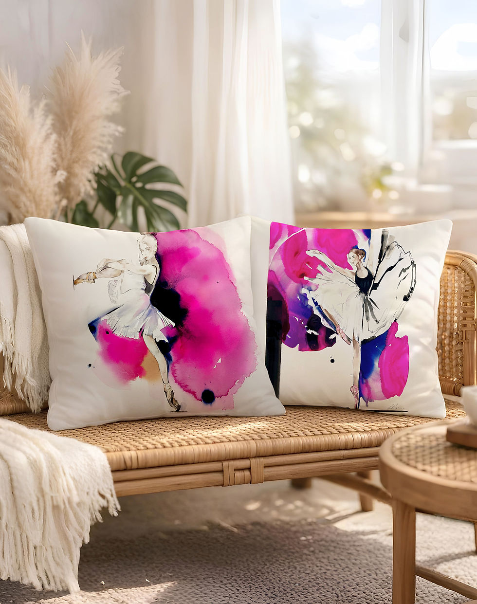 Ballet cushion set on sofa pink watercolour dancer cushions