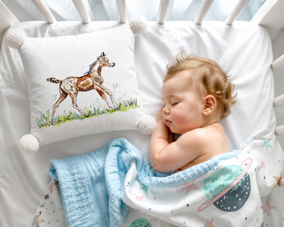 Thumbnail: Running foal nursery cushion with pom pom corners
