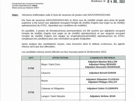 Décisions d'affectation pour les postes d'adjudication.