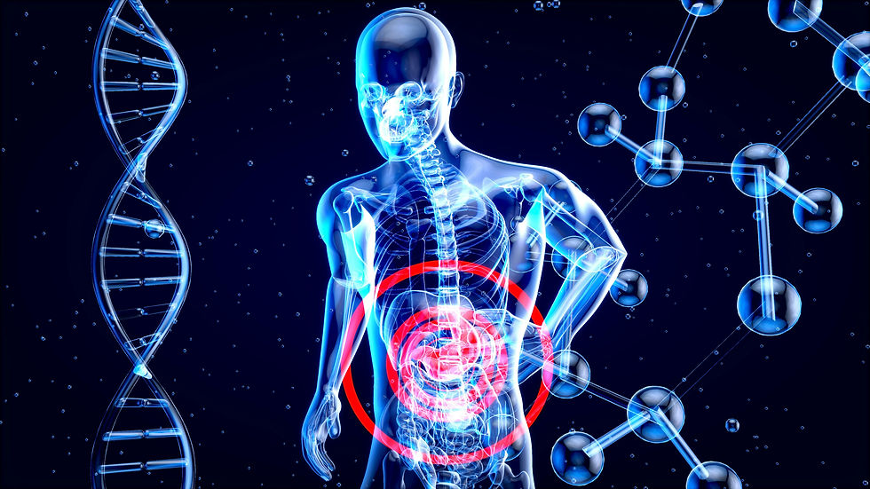 Transparent human figure with red target on abdomen, DNA strand, and molecules in a dark blue background, signifying medical focus.