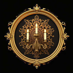 ornate oval gold and bronze frame filled with a gold lace fliagree holding an intricate sc