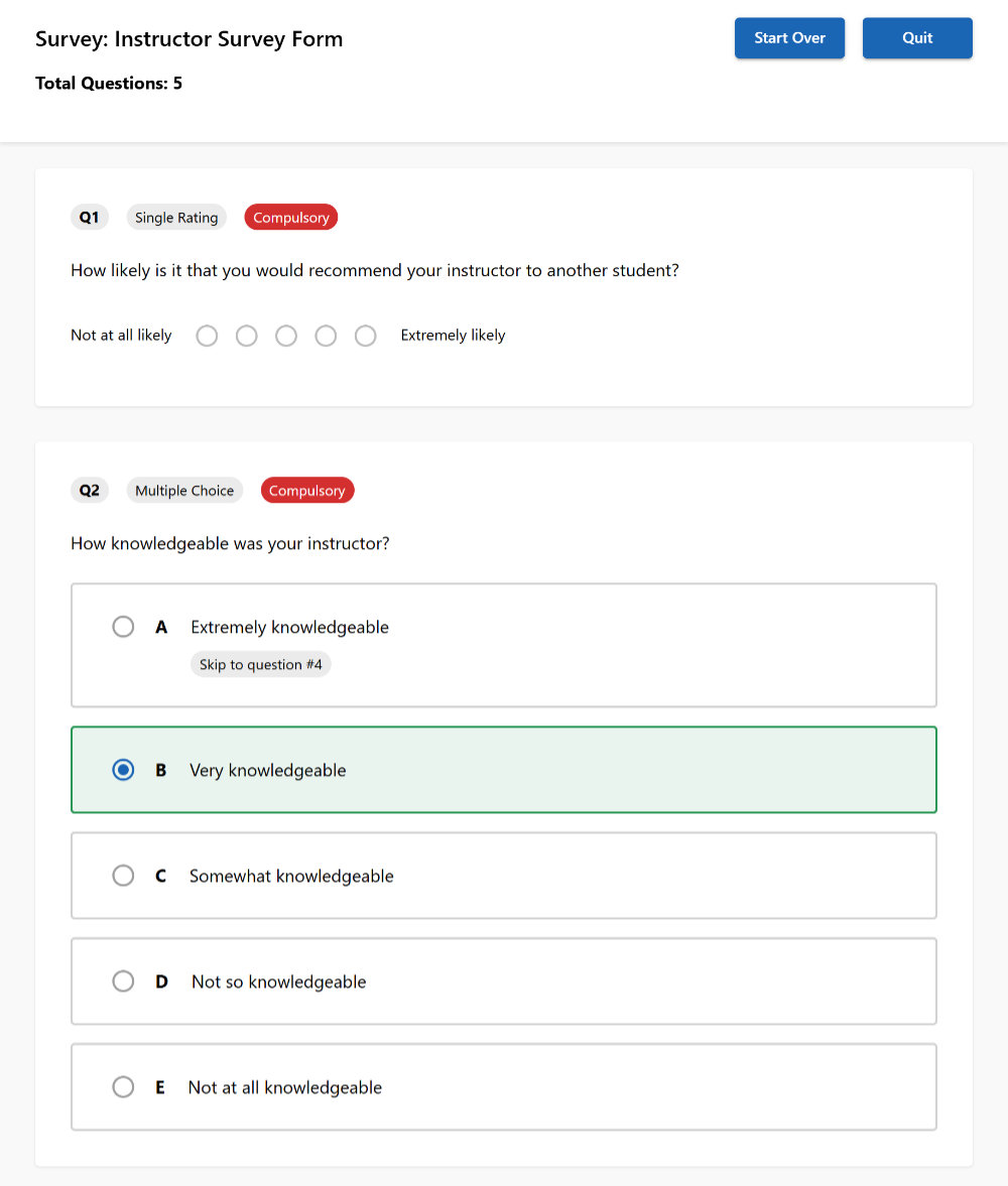 Image of customizable assessments and surveys interface, demonstrating flexibility in evaluating learner outcomes