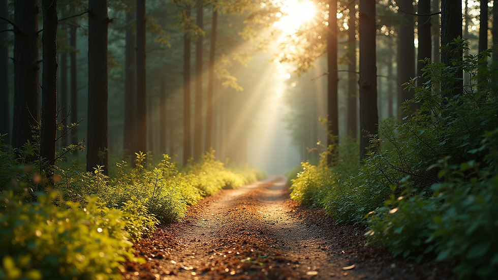 Eye-level view of a quiet forest path with soft sunlight filtering through trees