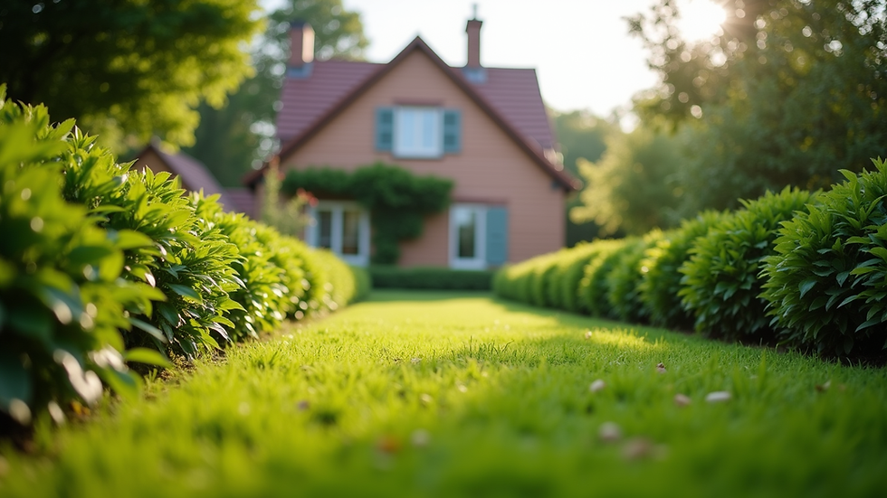 Eye-level view of a well-maintained property with a lush garden