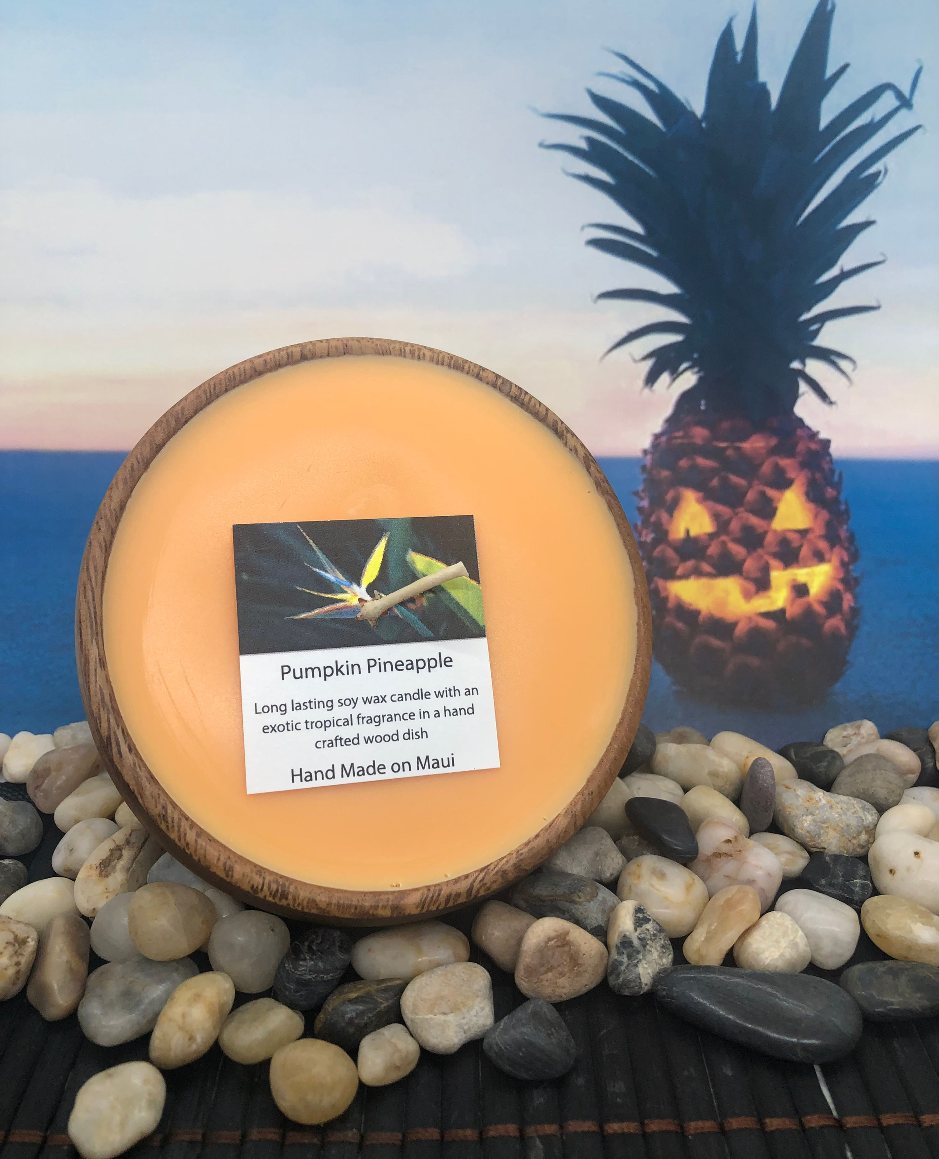 Pumpkin Pineapple Soy Wax Candle in a Monkeypod Wood Bowl. Fall Orange in Color. Smells like Pumpkin Spice and Pineapple