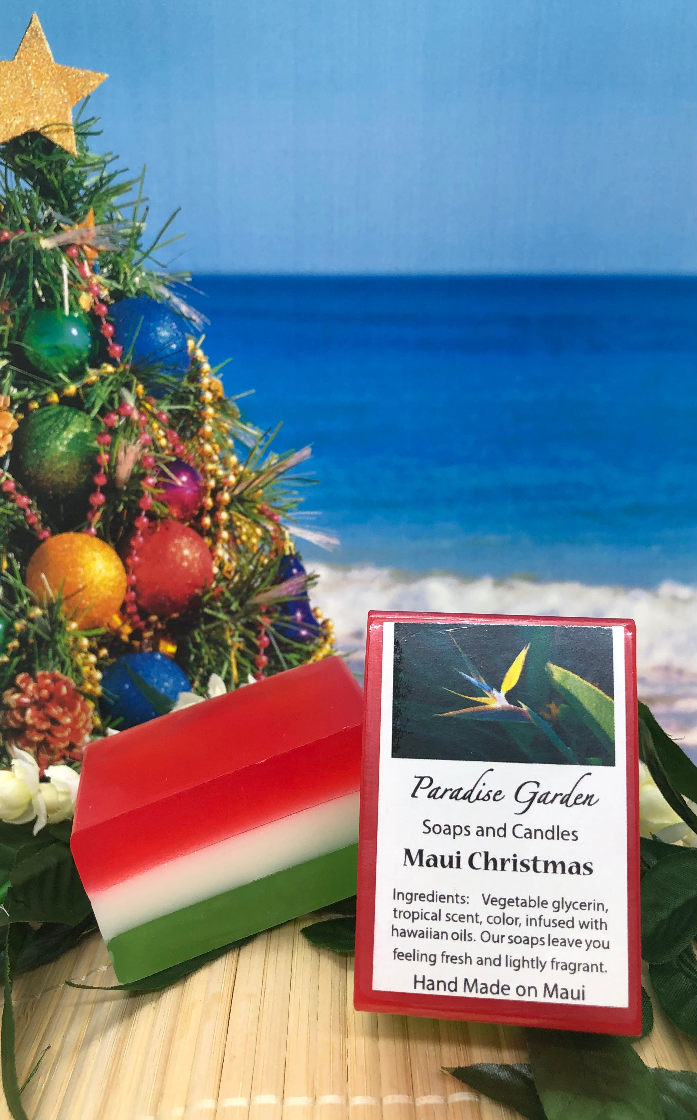 Maui Christmas Bar Soap. Red, White, Green in Color. Smells like a candy cane of cinnamon and peppermint.