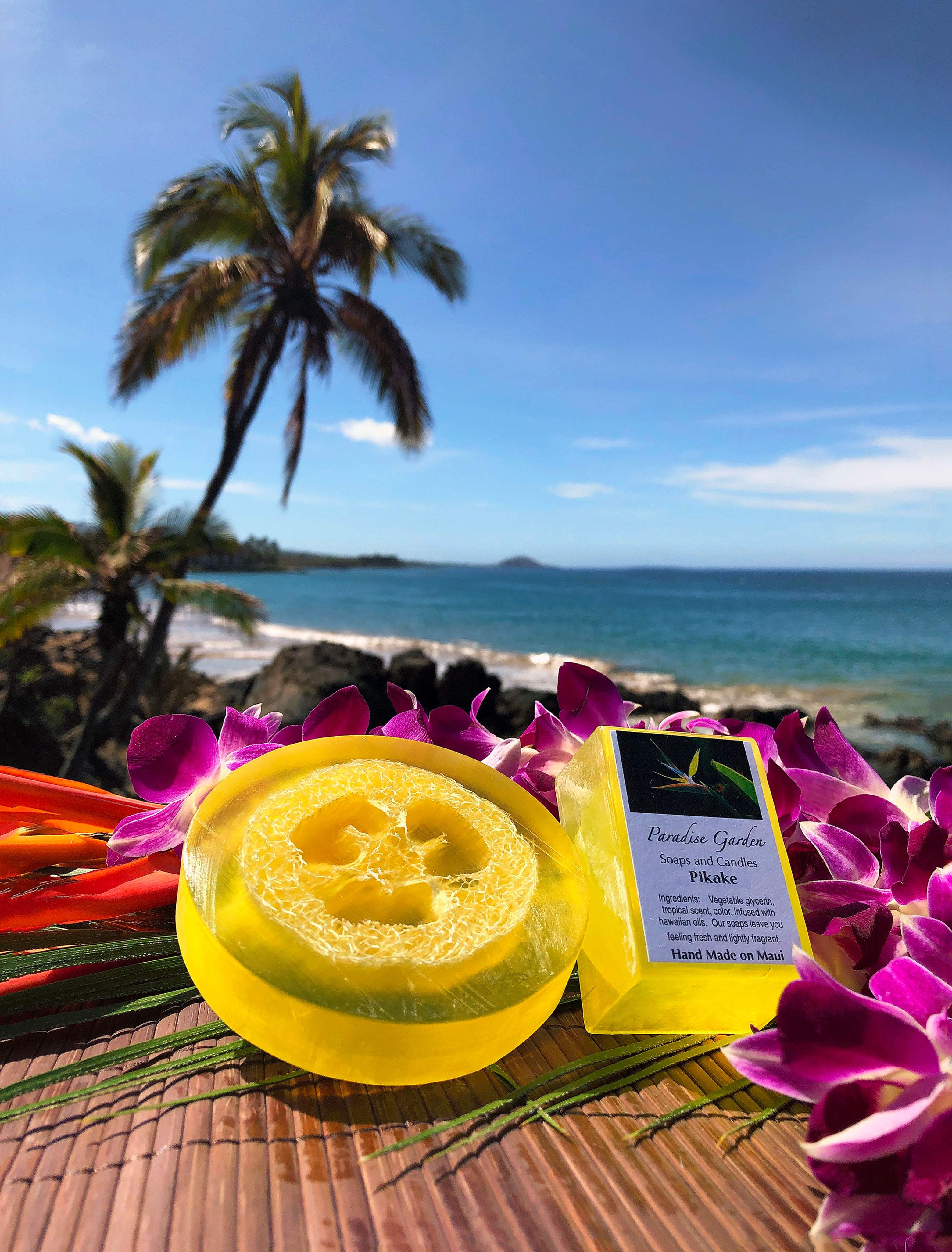 Pikake Glycerin Loofah Soap. Yellow in Color. Smells Like an Elegant Hawaiian Jasmine, Will Leave You Dreaming of Paradise