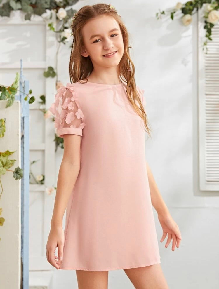 Girls Appliques Mesh Sleeve Dress