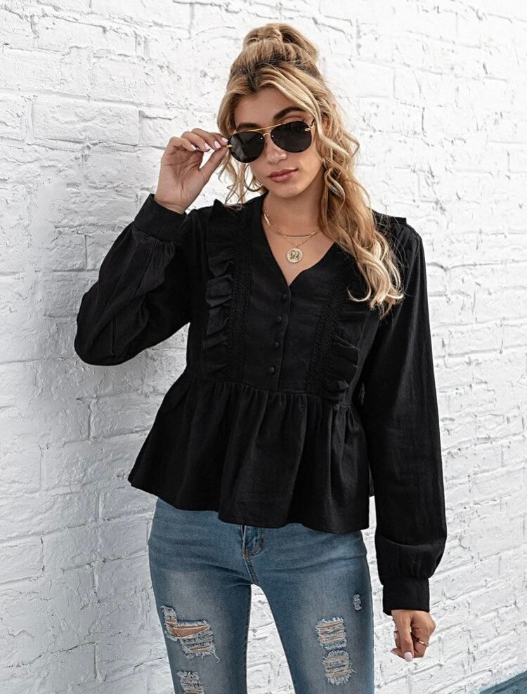 Ruffle Trimmed Button Babydoll Blouse
