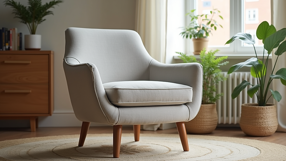 Eye-level view of a finished reupholstered chair in a living room setting
