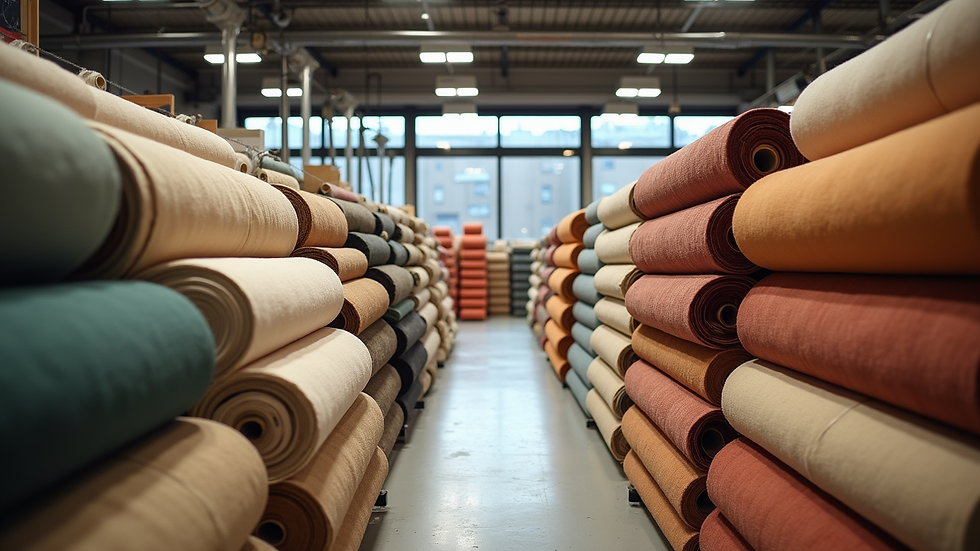 Eye-level view of a fabric showroom with rolls of premium upholstery fabric