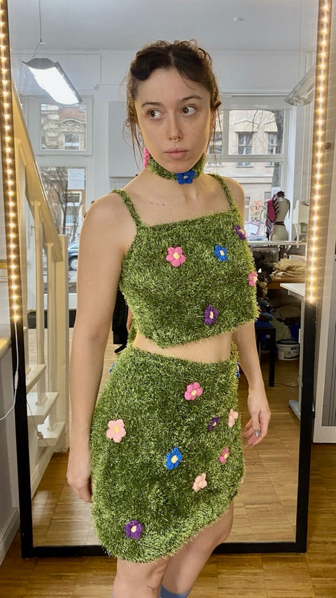 upcycled 2 piece set top skirt and necklace green fur with pompoms
