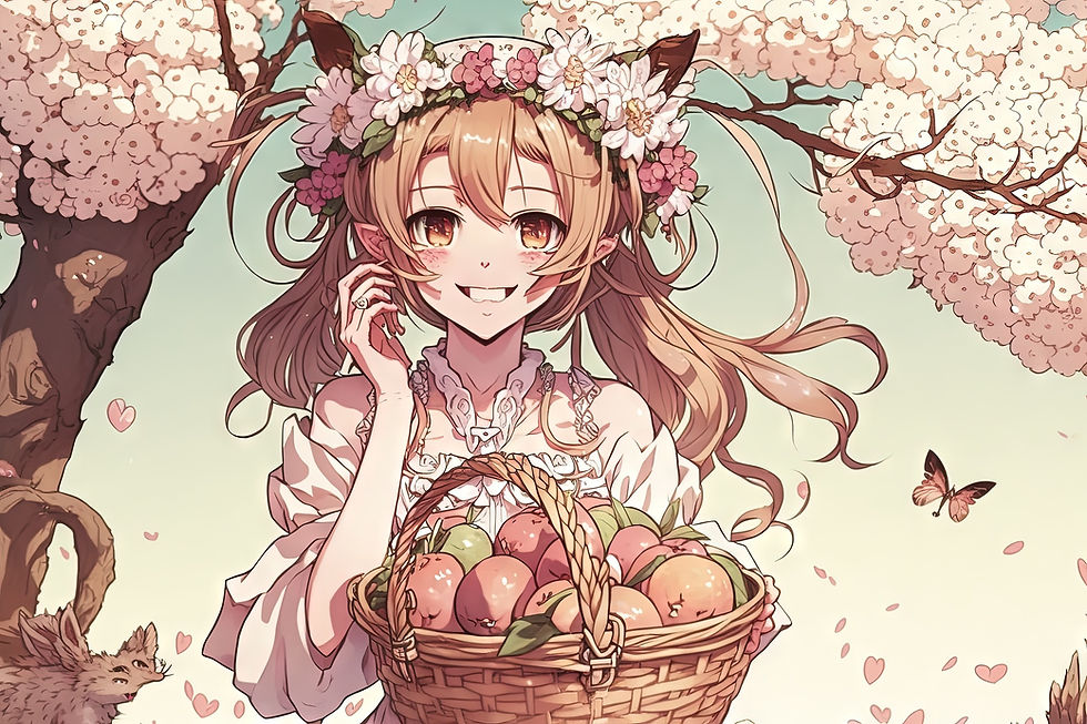 Dessin d'un manga avec une jeune femme qui tient une corbeille de fruits