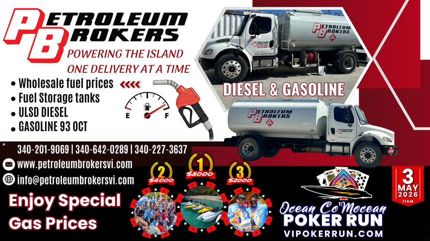 Petroleum Brokers VI flyer promoting diesel, gasoline, wholesale fuel prices, fuel storage tanks, and special gas pricing for Ocean Co’Mocean Poker Run 2026 in St. Thomas USVI.