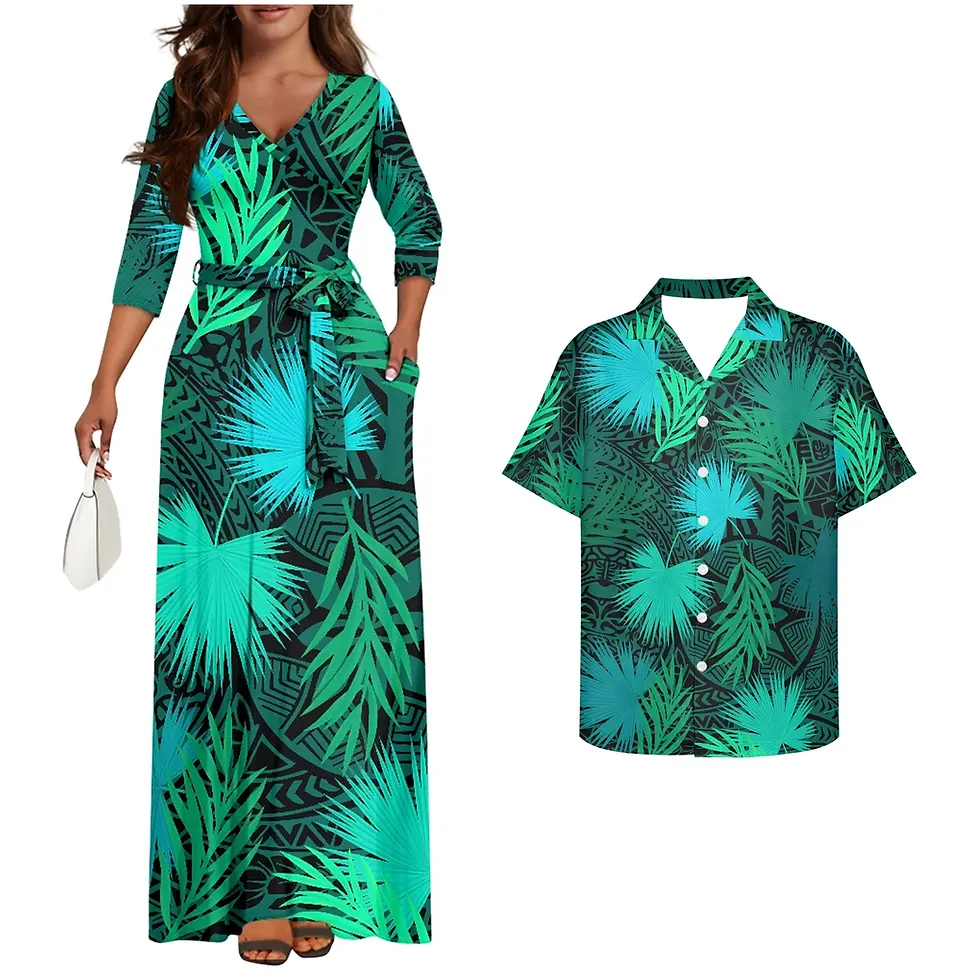 Thumbnail: Polynesian Couple’s Matching Set – Women’s Maxi Dress & Men’s Tribal Shirt