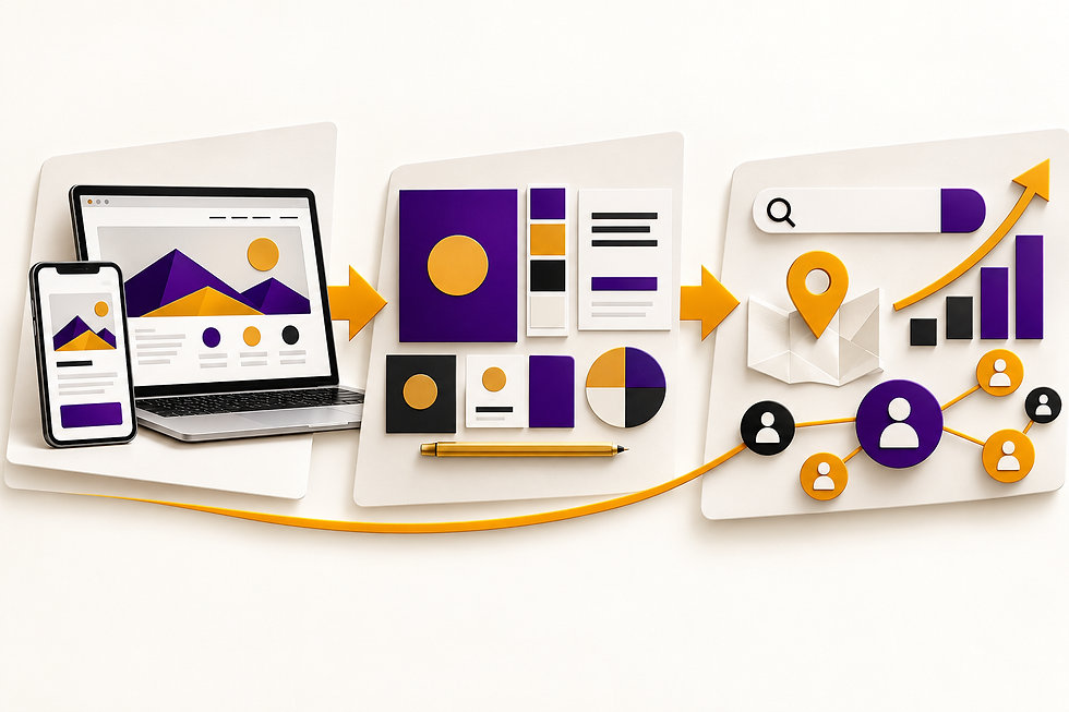 Illustration of a mobile-friendly website, a coordinated brand kit and online search visibility connected by gold arrows.