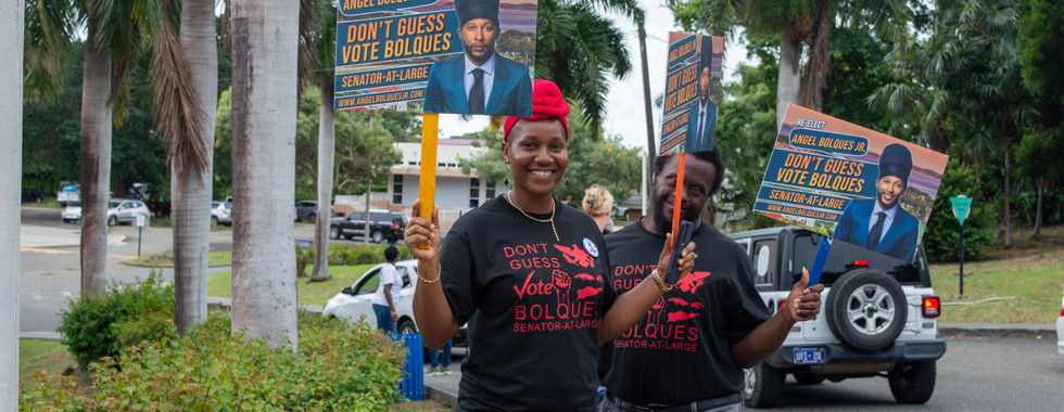 Campaigners at UVI Voting Center, St. Thomas, US Virgin Islands on Election Day 2024