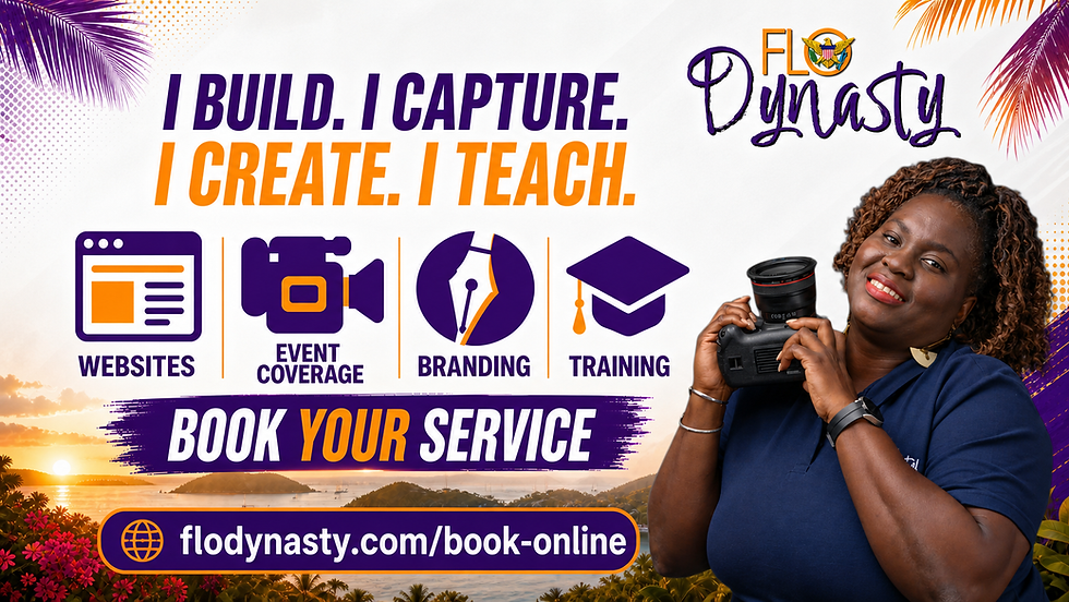 Flo Dynasty services: websites, event coverage, branding and training, with Flo holding a camera. View current services and booking details.