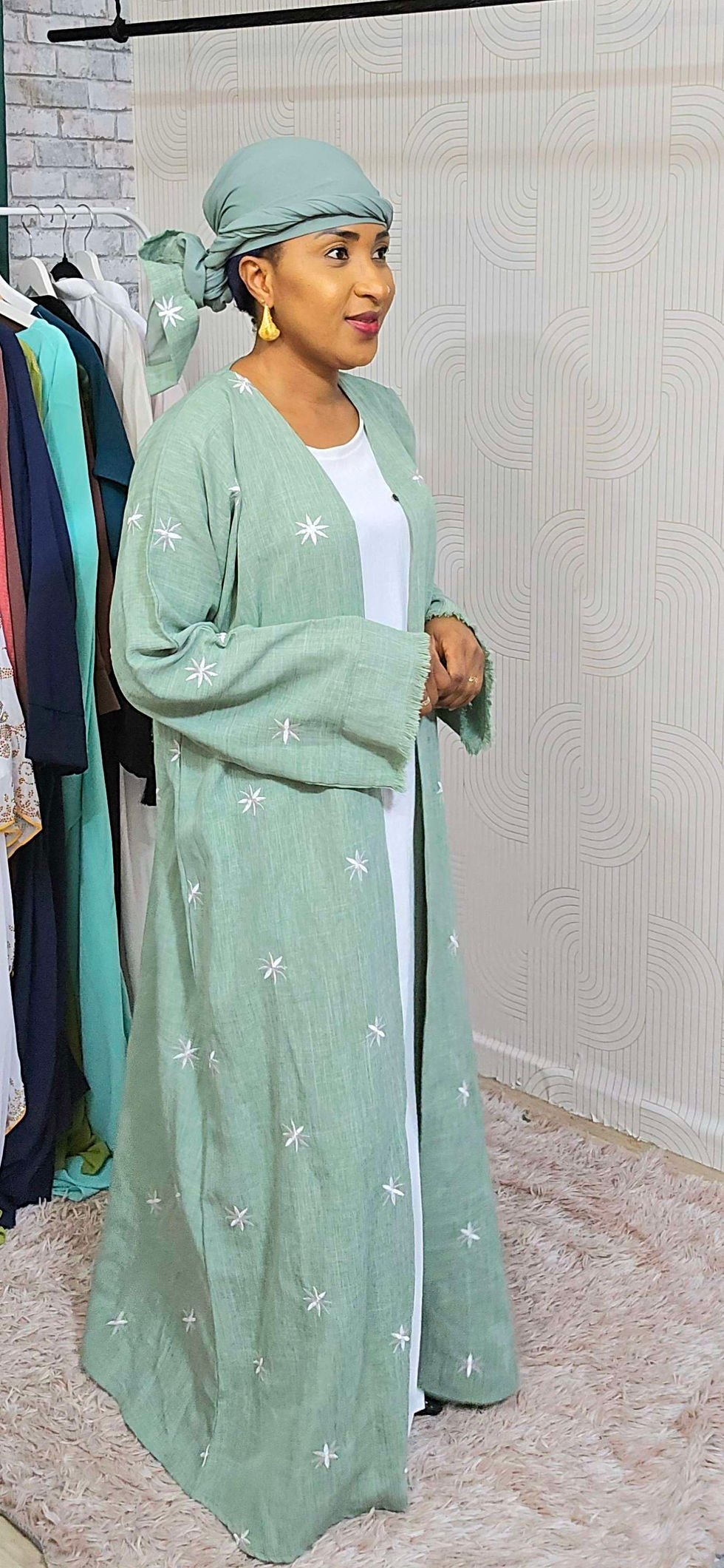 Thumbnail: Abaya kimono étoiles 2pcs  - vert