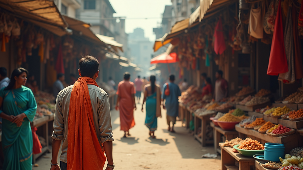 Eye-level view of a bustling Indian marketplace with colorful stalls