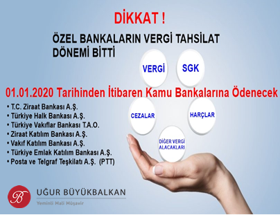 01.01.2020 Tarihinden İtibaren Bankalar Vasıtasıyla Yapılacak Vergi Tahsilatlarına İlişkin Duyuru
