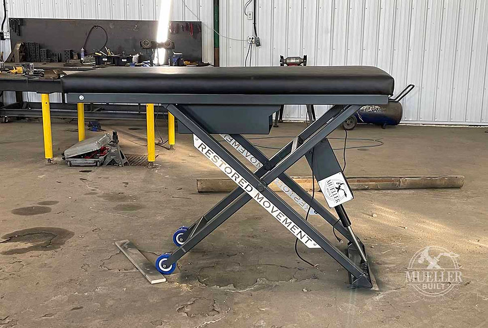 Black Scissor Lift Table, adjustable height, on wheels