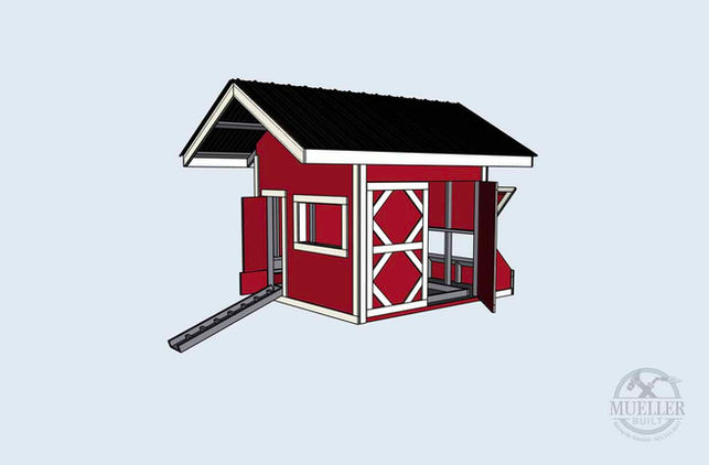 Red chicken coop with ramp, Mueller Built