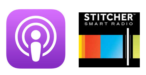 The Apple Podcasts app icon (L) and the Stitcher app icon (R)