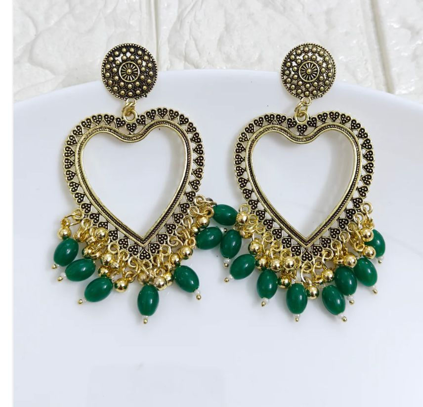 Golden Oxidized Heart-Shaped Earrings with Green Beads front View