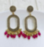 Golden Oxidized Oval Frame Earrings with Pink Beads front view