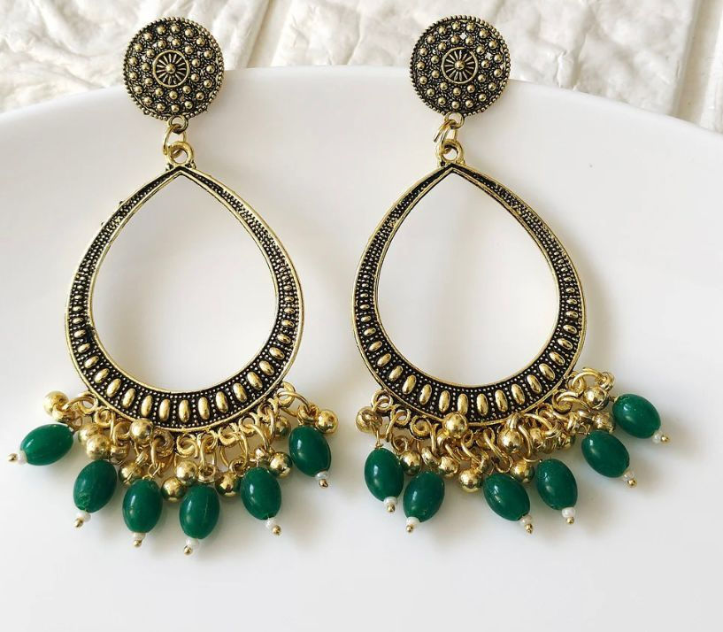 Golden Oxidized Teardrop Earrings with Green Beads