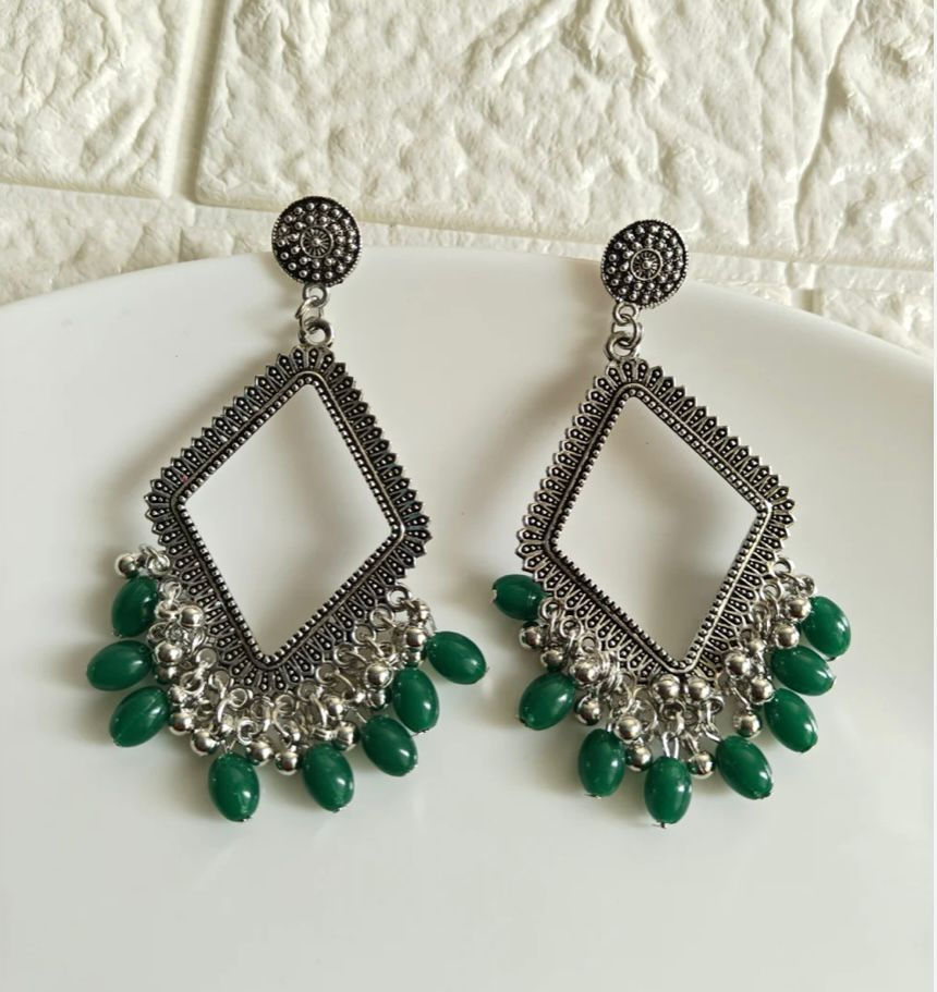Oxidized Silver Square-Diamond Earrings with Green Beads front View