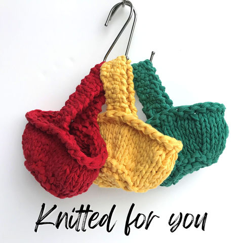 Red, yellow and green chunky knit recycled yarn mini baskets