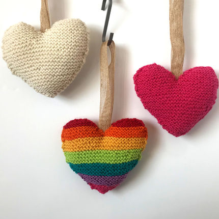 Cream, rainbow and pink stuffed knit hearts